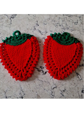 2 Vintage Handmade Crocheted Knit Red STRAWBERRY Trivet Pot Holder MCM Retro